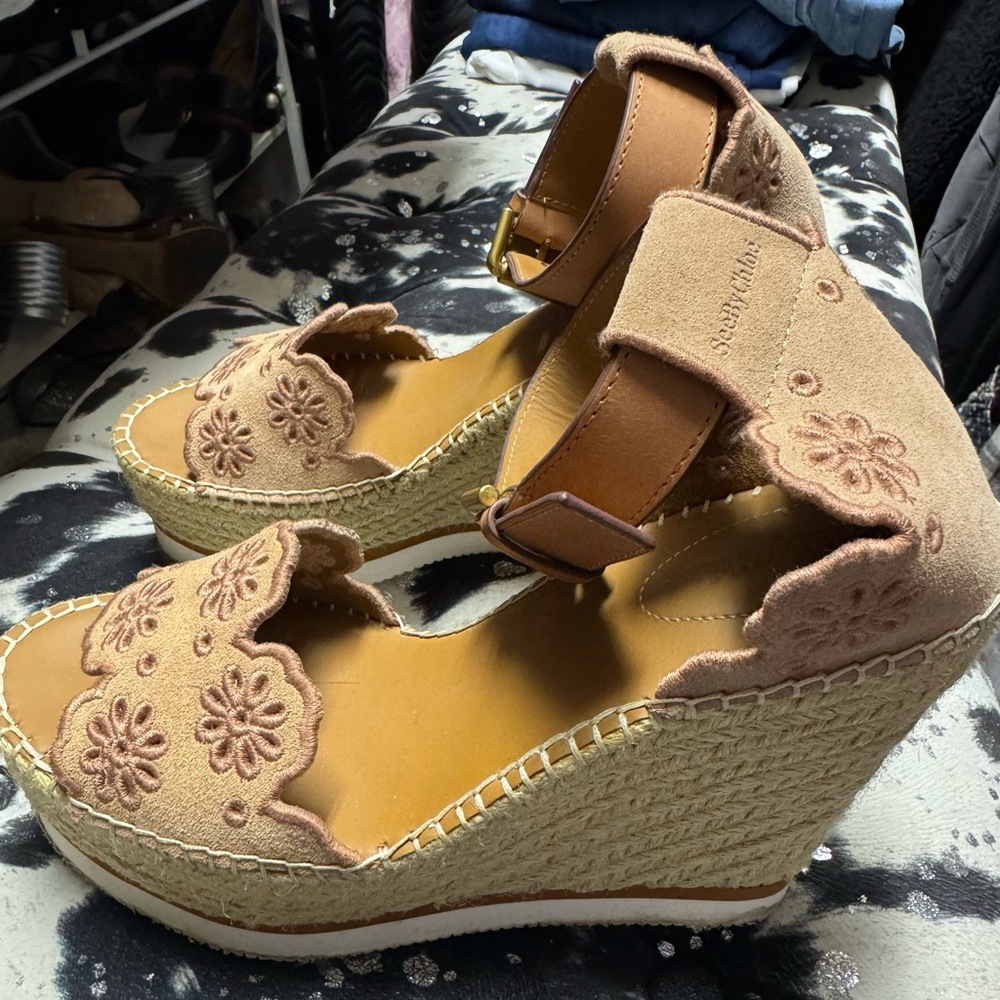 See by Chloe Tan Floral Suede Espadrille Wedge Sandal Size 39
